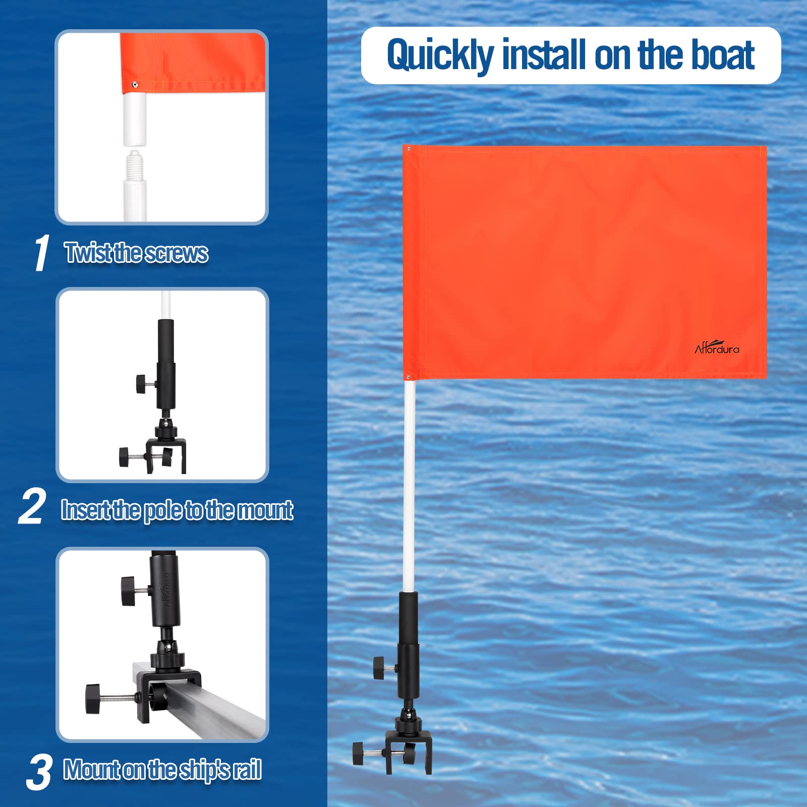 Affordura Orange Boat Flag Holder 30 Inch Water Ski Flag for 0.5-1.33 Inch Round and Pontoon Square Rails Boat Safety Flag Rotating Mount Skier Down Flag with Storage Bag and Velcro