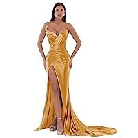 Satin Mermaid Prom Dresses for Women Pleated Strapless with Hight Slit Beaded Formal Evening Gowns R064
