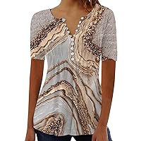Plus Size Summer Vintage Print Dressy Henley Tunic Tops for Women Trendy Pleated Textured Short Sleeve Casual Shirts