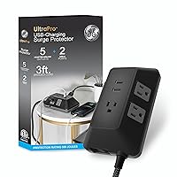 GE UltraPro Adapt 5-Outlet Surge Protector with USB Ports, 2 USB-A Ports, 2.4A, 3ft Braided Cord Power Strip Surge Protector, 1780 Joules, Black, 73777