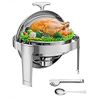 Roll Top Chafing Dish Buffet Set 6 QT,Stainless Steel Chafer Round Catering Food Warmer and Server with Lid Water Pan Stand Fuel Holder for Wedding,Parties,Events and Catering