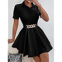 Women's Dress Button Through Shirt Dress Without Belt (Color : Black, Size : XX-Small)