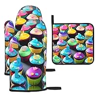 Colorful Happy Birthday Cupcakes Oven Mitts and Pot Holders3 Pcs Set Heat Resistant Microwave Gloves Baking Cooking