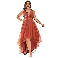 Ever-Pretty Plus Women's Deep V-Neck Lace Applique High Low A-Line Plus Size Tulle Maxi Evening Party Dresses 00793-DA