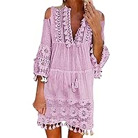 XJYIOEWT Lace Dress,Ladies Lace Tassel Hollow Stitching Sunscreen Blouse Casual Dress Beaded Lace Dress