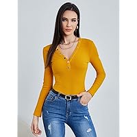 Women's Tops Sexy Tops for Women Shirts Button Up Rib-Knit Tee Shirts for Women (Color : Mustard Yellow, Size : X-Large)