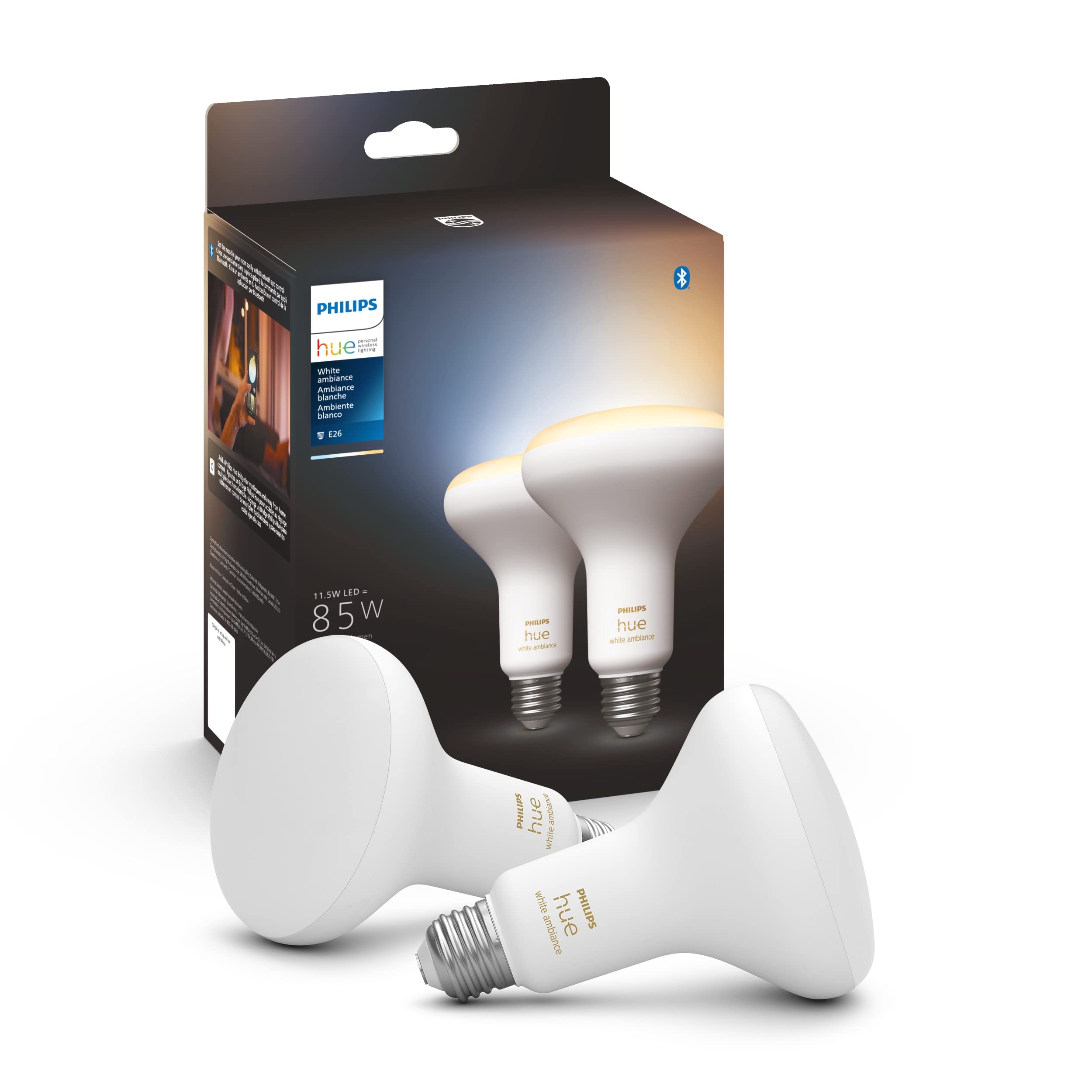 Philips Hue White Ambiance BR30 LED Smart Bulbs (Bluetooth Compatible), Compatible with Alexa, Google Assistant, and Apple HomeKit, 2-Pack