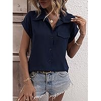 Women's Tops Sexy Tops for Women Shirts Batwing Sleeve Flap Detail Shirt (Color : Navy Blue, Size : X-Large)