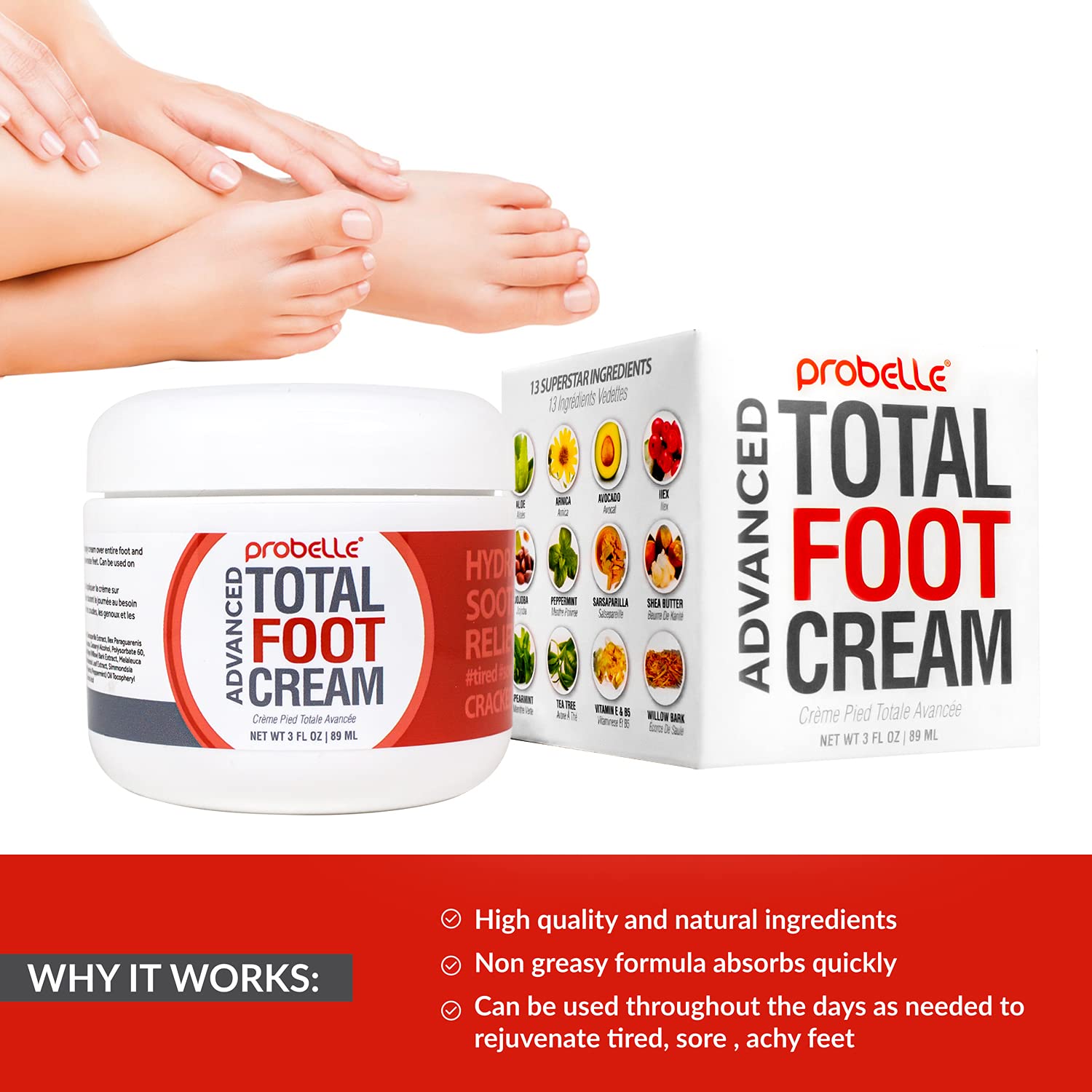 Probelle Advanced Total Foot Cream: Soothes, Hydrates, Rejuvenates Skin For Rough, Dry, Cracked & Sore Feet, 3 Ounces
