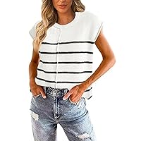 MEROKEETY Women's Summer Cap Sleeve Crewneck Tops Casual Loose Fit Knit Sweater Pullover Tank Top