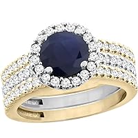 PIERA 10K Gold Diamond Halo Natural Quality Blue Sapphire 3pc Engagement Ring Set Two-tone Round 6mm,size5-10