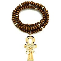 Eye of Ra Over Ankh Pendant and Wood Bead Necklace with Inserts