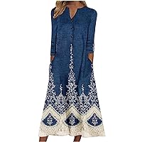 Women's 2024 Casual Dresses Long Sleeve Smocked Crew Neck Midi Dress Floral Printed Flowy Tunics Dress with Pocket