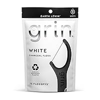 GRIN White Charcoal Infused Flosspyx, 75 Count, Dental Flossers, Minty Flavor, Recycled Plastic, Charcoal Infused Floss Picks, Premium Longer Floss Head, Easy Slide, Includes Soft Fold-Back Tooth Pick