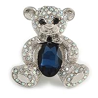 AB Crystal Dark Blue Glass Stone Teddy Bear Brooch/Pendant In Silver Tone - 45mm Long