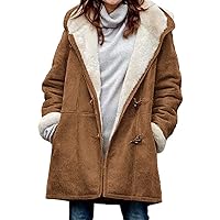 YangMeng Fluffy Collar Solid Color Hooded Loose Warm Coat Womens Side Horn Buttons Faux Fur Fleece Lined Jacket(Brown,5XL)
