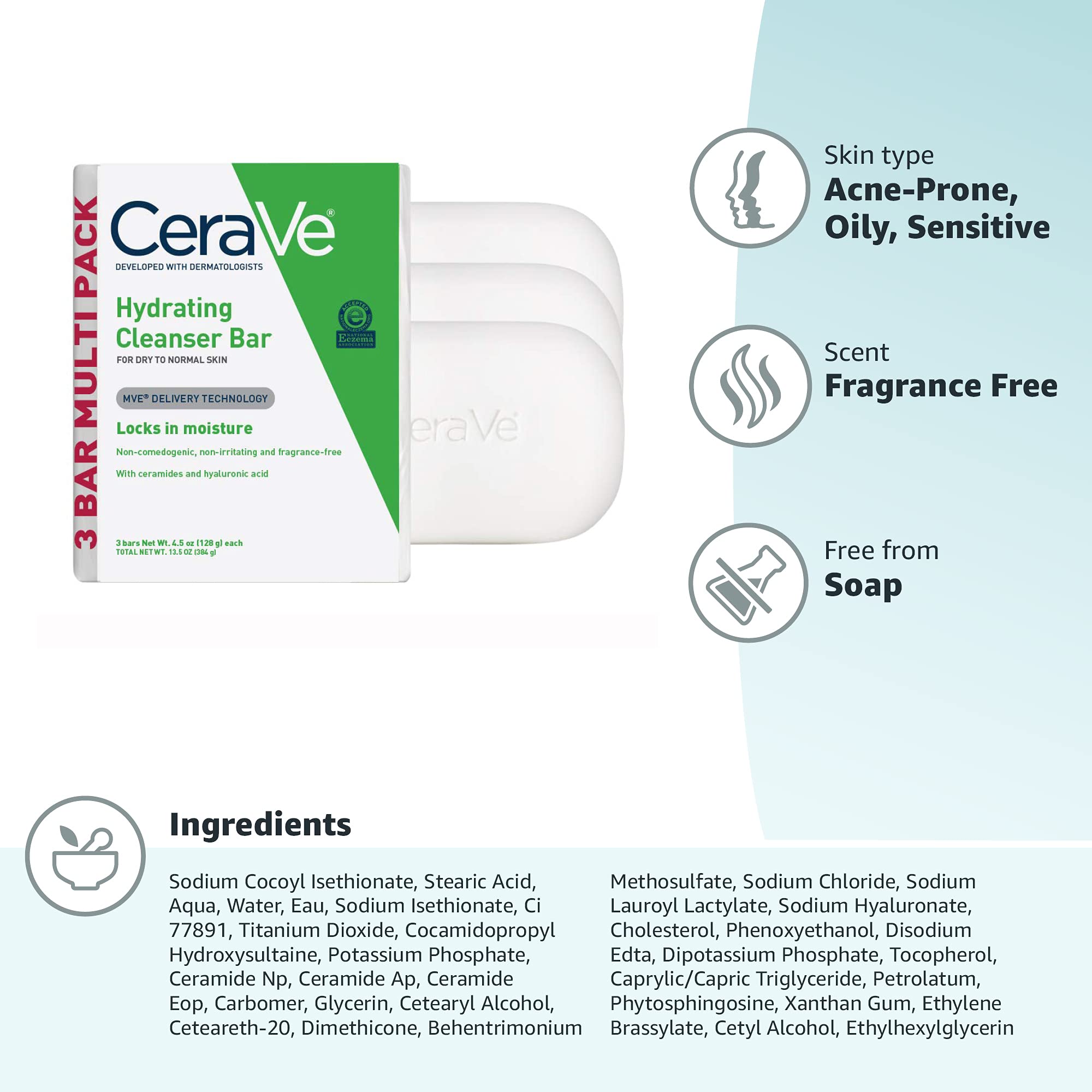 CeraVe Hydrating Cleanser Bar | Soap-Free Body and Facial Cleanser with 5% Cerave Moisturizing Cream | Fragrance-Free |3-Pack, 4.5 Ounce Each