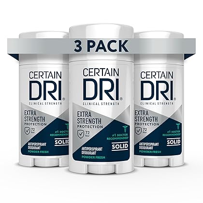 Certain Dri Extra Strength Clinical Antiperspirant Solid Deodorant, Hyperhidrosis Treatment for Men & Women, Powder Fresh, 1.7oz (3 Pack)