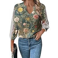 Lace Tops for Women, 3/4 Length Sleeve Women's Casual Loose Fit V-Neck T Shirts Cute Tunic Vintage 1973 Summer 2024