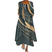 Women's Double Layer Maxi Dress 3/4 Sleeve Casual Irregular Hem Button Shirt Dress Loose Flowy Long Dress with Pockets