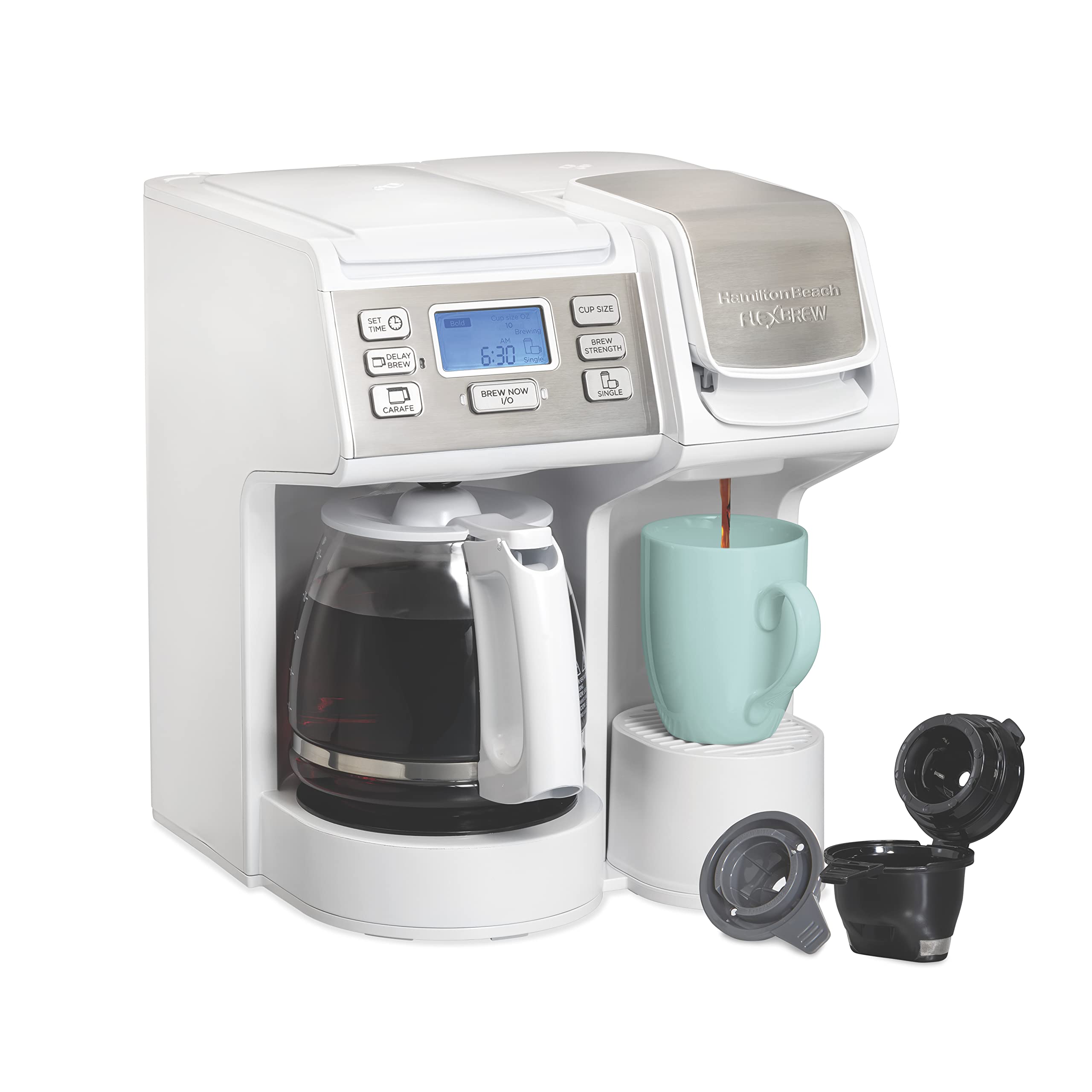 Hamilton Beach 49917 FlexBrew Trio 2-Way Coffee Maker, Compatible with K-Cup Pods or Grounds, Combo, Single Serve & Full 12c Pot, White with Stainless Steel Accents, Fast Brewing