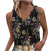 Summer Trendy Knotted Funny Tie Dye Floral Tank Tops for Womens V Neck Sleeveless Casual Loose Fit Vacation Shirts