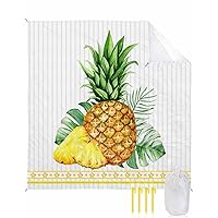 Pineapple Palm Leaves Beach Blanket Large with Stakes Waterproof Sandproof Beach Mat with Corner Pockets for Outdoor Travel Camping Hiking Picnic Essentials,Tropical Summer Fruit Grey Stripe 95