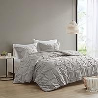 INK+IVY Masie Cotton Comforter Set-Modern Casual Elastic Embroidery Design All Season Down Alternative Cozy Bedding with Matching Shams, King/Cal King,Gray 3 Piece