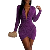 FairBeauty Women's Sexy Sparkly V Neck Long Sleeve Ruched Metallic Bodycon Club Mini Dresses