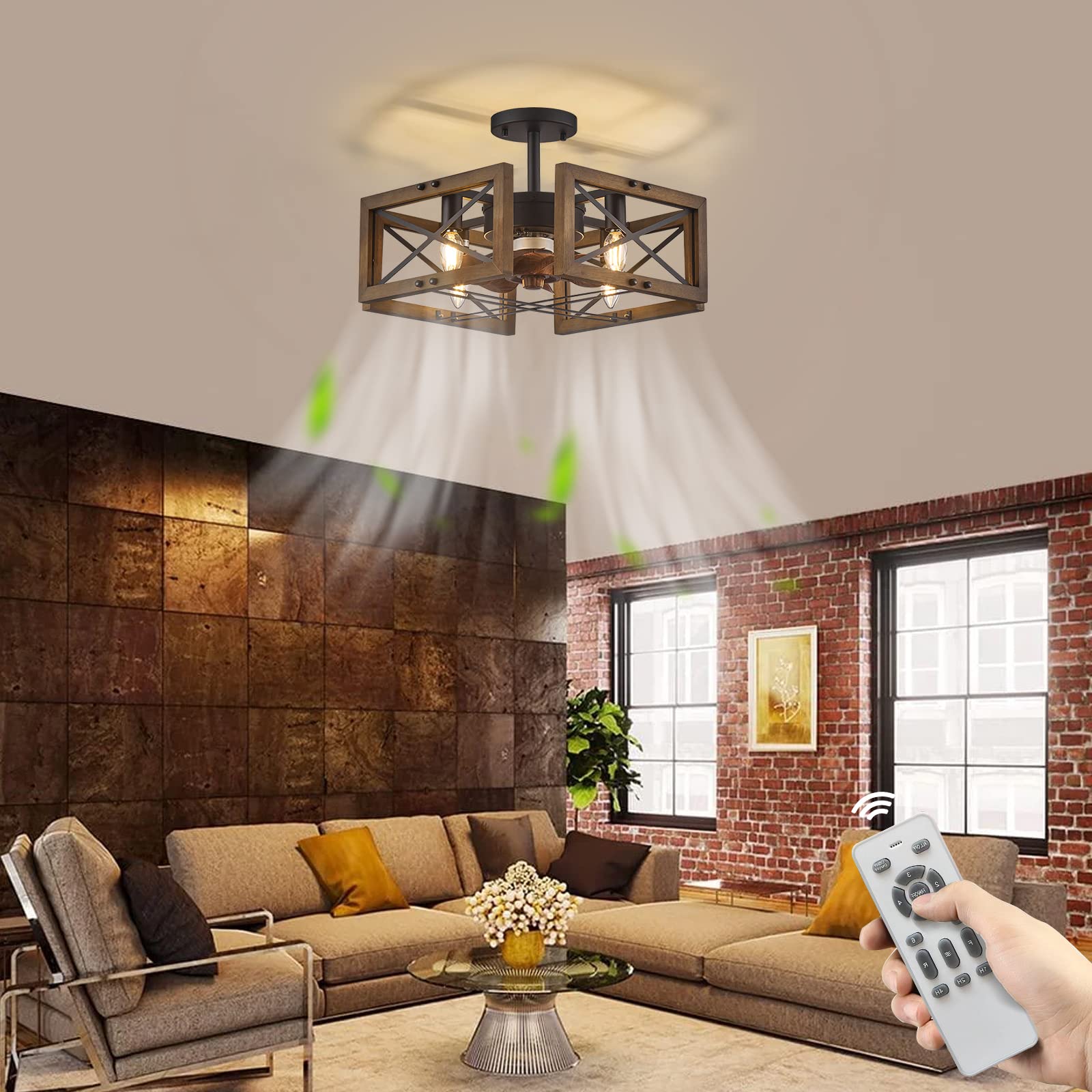 DUJAHMLAND Farmhouse Flush Mount Ceiling Fan with Light, 20 Inch Industry Wood Low Profile Ceiling Fan with Light Remote Control for Bedroom Living Room Kitchen (Antique Wood 4-Light)