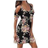 Boho Floral Cold Shoulder Tunic Dress Women's Summer Ruched Short Sleeves Cami Sundress Casual Mini Swing Dresses