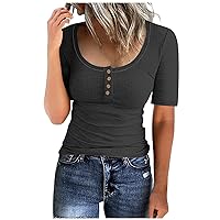 Women's V Neck Short Sleeve Henley T Shirts Casual Ribbed Knit Slim Fit Summer Tops Solid Color Basic T Shirt