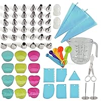 Frosting Piping Bag Tips Set, 63Pcs Cake Decorating Supplies Kit with 36 Piping Tips,2 Reusable Pastry Bags,Scraper Set,Cake Flower Nails & Scissor,12 Silicone Cupcake Molds,Measuring Spoons & Cup