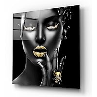 Golden Snail And Ring With Golden Eyelash Of Black Woman Tempered Glass Wall Art Perfect Modern Decor Fabulous New Year Gift Glass UV Printing Durable Product (60x60 cm (24x24 inches))