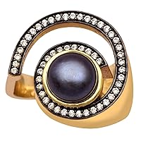 3 Ctw Blue Mabe Fresh Water Pearl 925 Sterling Silver 14 k Yellow Gold Plated Overlay Ring