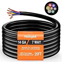 Nilight 25 Feet 7 Way Trailer Wire Extension Cable Traditional SAE 14 Gauge 7 Conductor 100% Pure Copper Insulated Heavy Duty Wire Weatherproof for 7 Pin Blade RV Trailer Automotive, 2 Years Warranty