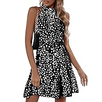 Women's Flowy Dress, Ladies Summer Casual Sexy New Sleeveless Dot Lace Up Ruffle Dresses for Women 2024, S XL