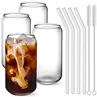 2 Set Beer Can Glasses with Bamboo Lid and Glass Straws,URMAGIC 470ml Can Shaped Glass Cups,Drinking Glasses,Beer Glasses Iced Coffee Glasses,Milk Tea Glasses,Clear Water Glasses,Smoothie Cup 