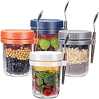 Overnight Oats Jars with Spoon and Lid (15 oz4Pack), Airtight Oatmeal Container with Measurement Marks, Mason Jars with Lid for Cereal On The Go Container (white/blue/orange/grey)