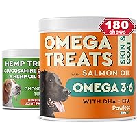 180 Fish Oil Omega 3 Treats for Dogs + 120 Hemp Glucosamine Treats for Dogs Bundle - Allergy Relief + Natural Pain Relief - Skin and Coat Supplement + Hip & Joint Supplement w/Hemp Oil - Omega 3 6 9