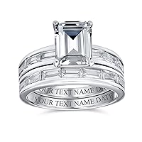 Bling Jewelry Personalize Traditional Art Deco Modern Style 2-3 CT Rectangle Baguette Wedding Band AAA CZ Anniversary or Emerald Cut Engagement Ring Set For Women .925 Sterling Silver Customizable