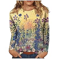 Womens Long Sleeve Tops Round Neck Fall Shirts Sexy Floral Blouses Casual Comfy Tunic Tops Fashion Workout Tees