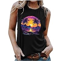 Summer Tops Womens Hawaiian Vacation Sleeveless Shirts Palm Tree Graphic Print Beach T Shirt Loose Comfy Tank Tops