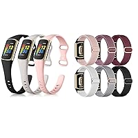 Maledan 3 Pack Slim Soft Silicone Bands and 6 Pack Breathable Stretchy Nylon Solo Loop Band All Compatible with Fitbit Charge 5 Fitness Tracker