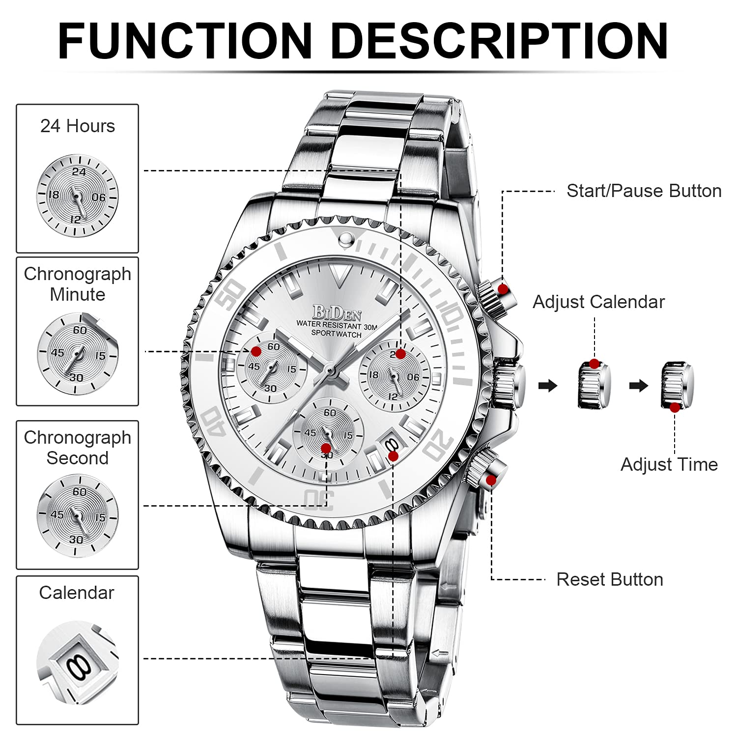 BIDEN Womens Watches Chronograph Stainless Steel Waterproof Date Analog Quartz Unisex Watch Business Fashion Wrist Watches for Women