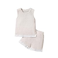 Girl's 2 Pieces Outfit Textured Crew Neck Lace Trim Tank Top and High Waist Shorts Set