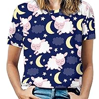 Sheep and Moon Women's Print Shirt Summer Tops Short Sleeve Crewneck Graphic T-Shirt Blouses Tunic