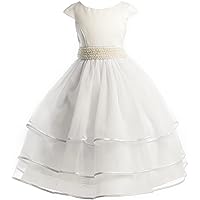 White or Ivory Beaded Waist Holiday Communion Flower Girl Pageant Long Dress