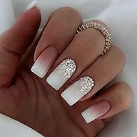 24Pcs Press on Nails Medium Square French Fake Nails Acrylic Nails Nude Pink White Gradient False Nails with Silver Glitter Sequins Designs Full Cover Glue on Nails for Nail Art Manicure Decoration