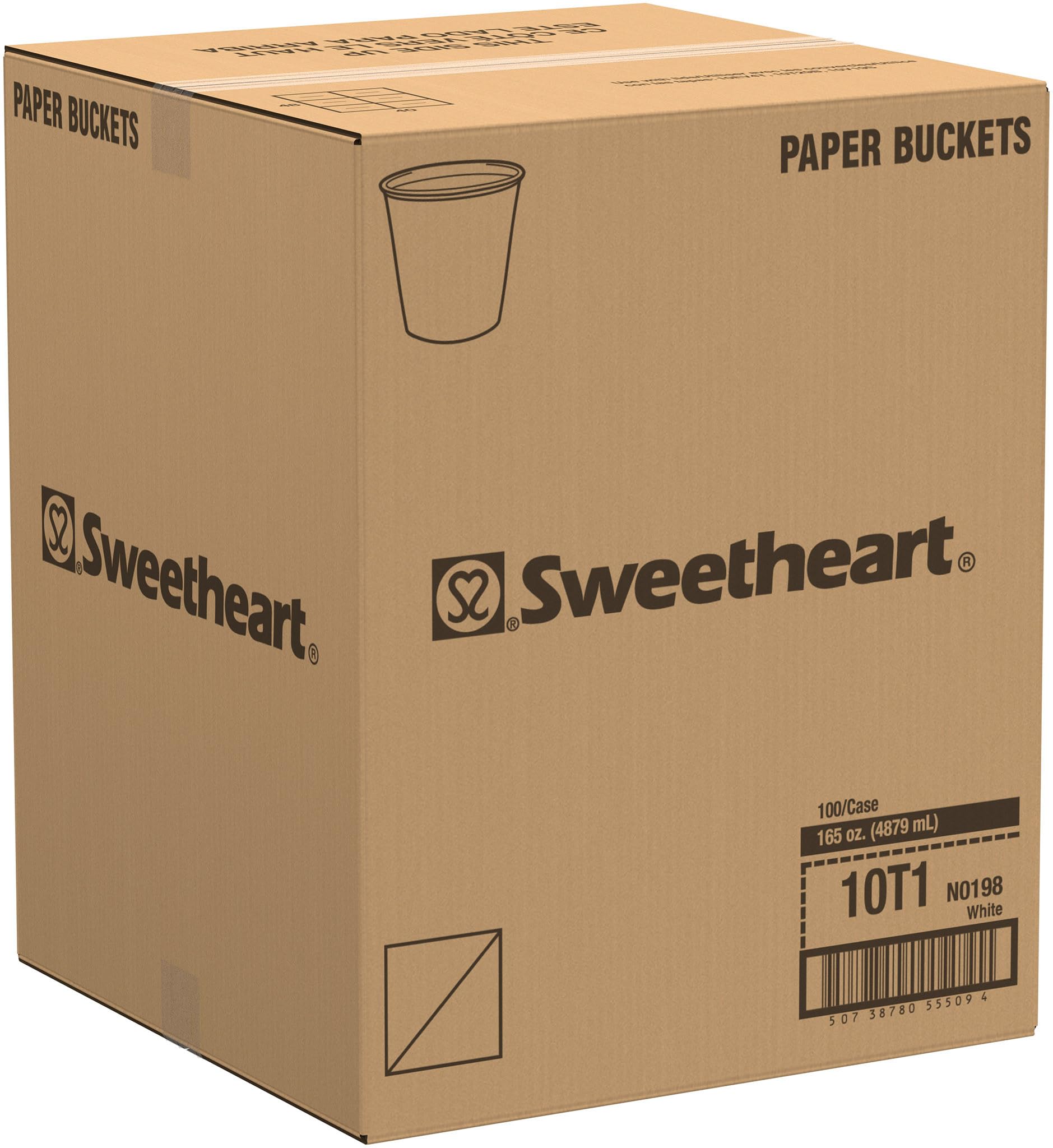 SOLO 10T1-N0198, 165oz Double Wrapped Paper Bucket, Unwaxed, White, 100/Carton, Sold As 1 Carton